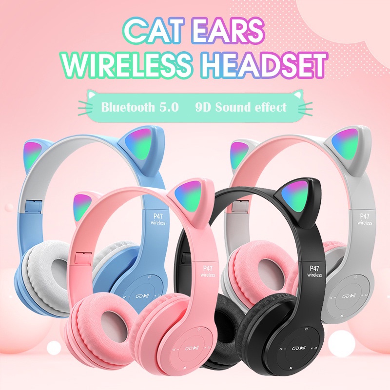 Tai Nghe Bluetooth 5.0 Không Dây P47 Có Đèn LED Hình Tai Mèo Có Thể Sạc Lại