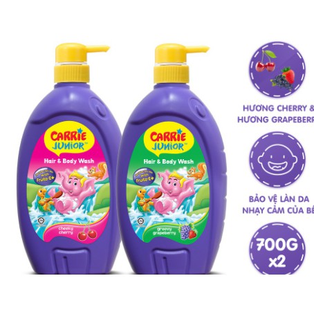 SỮA TẮM GỘI CARRIE JUNIOR CHAI 700 VÀ 280G CHỌN MÙI CHERRY - MILK - GRAPEBERRY CHO BÉ  ( Mẫu Mới )