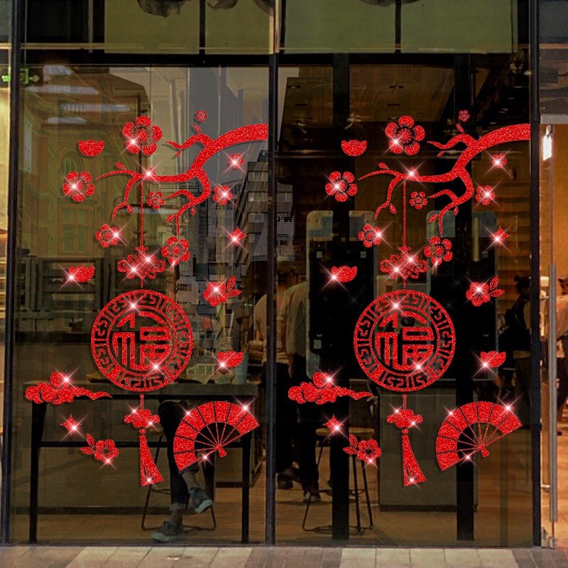 Decal trang trí tết - Cành Mai đỏ kèm dây bảng hỷ nhũ kim tuyến Đỏ