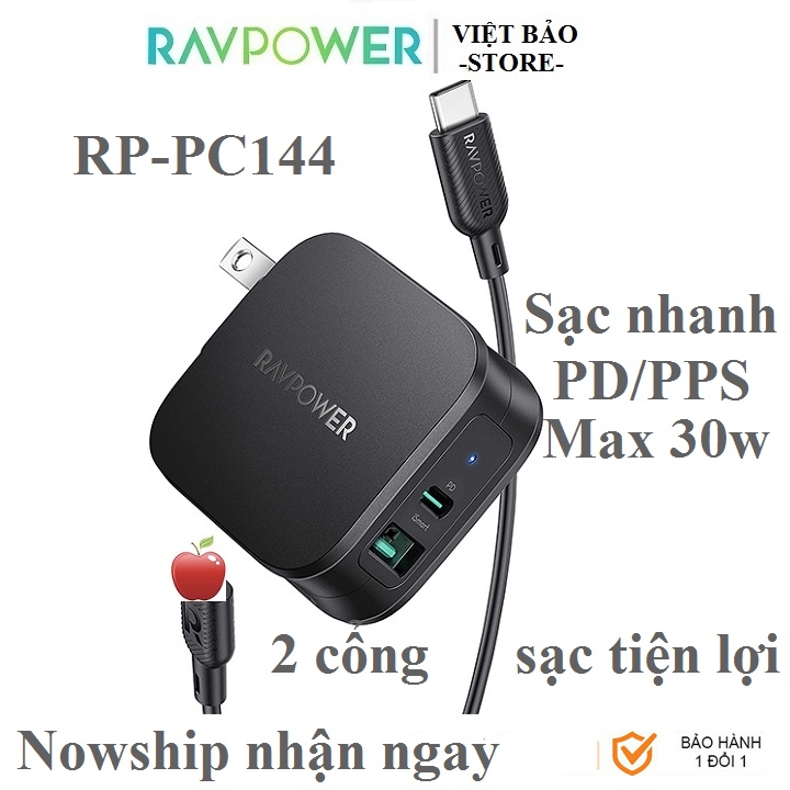 Bộ Củ Sạc 2 cổng 30w RAVPower RP-PC144 Cáp Type-C to MFI Sạc Nhanh ip,tablet táo