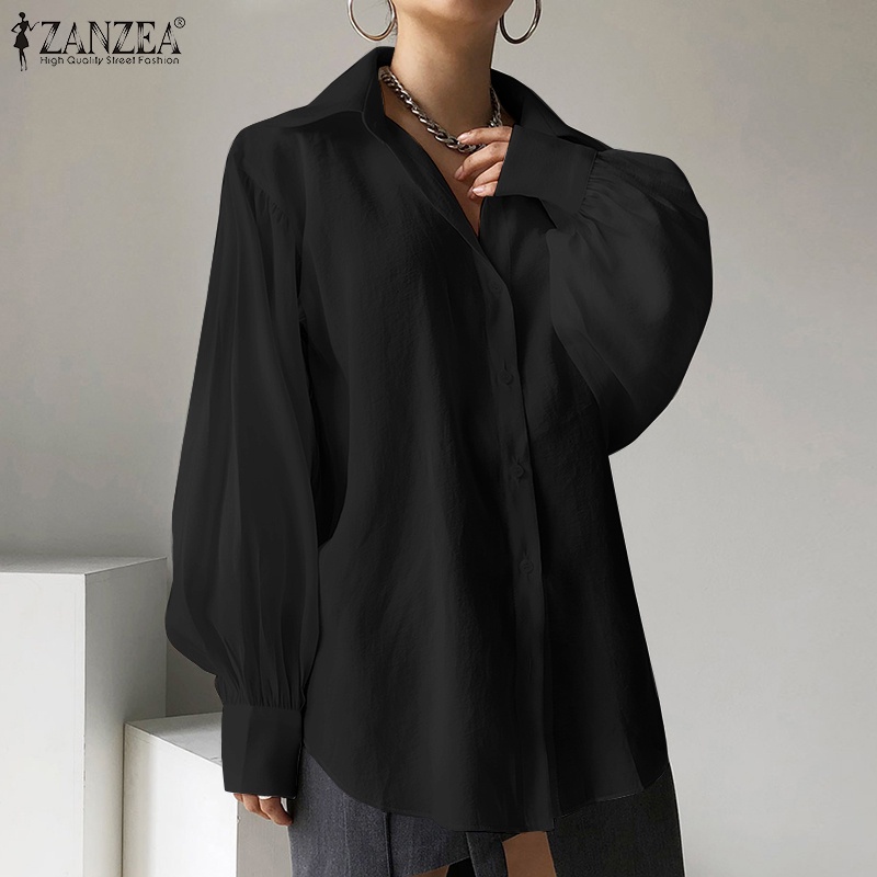 Áo sơ mi ZANZEA tay phồng dài cổ tay áo gài nút màu trơn vintage cho nữ
