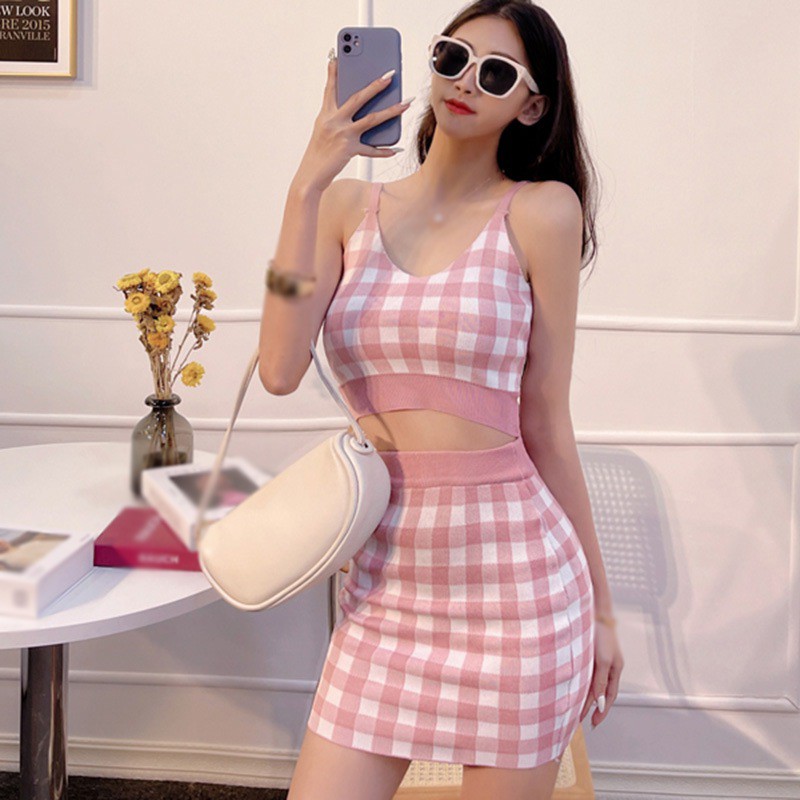 Set Áo Hai Dây + Chân Váy Dệt Kim Họa Tiết Caro Xinh Xắn Thời Trang Dành Cho Nữ