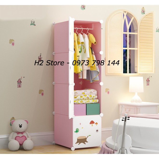 TỦ NHỰA LẮP GHÉP 4 Ô(4X1) HỒNG NHẠT CỬA TRẮNG HƯƠU CAO CỔ ĐỂ ĐỒ ĐA NĂNG THÔNG MINH CHO BÉ sâu 47cm
