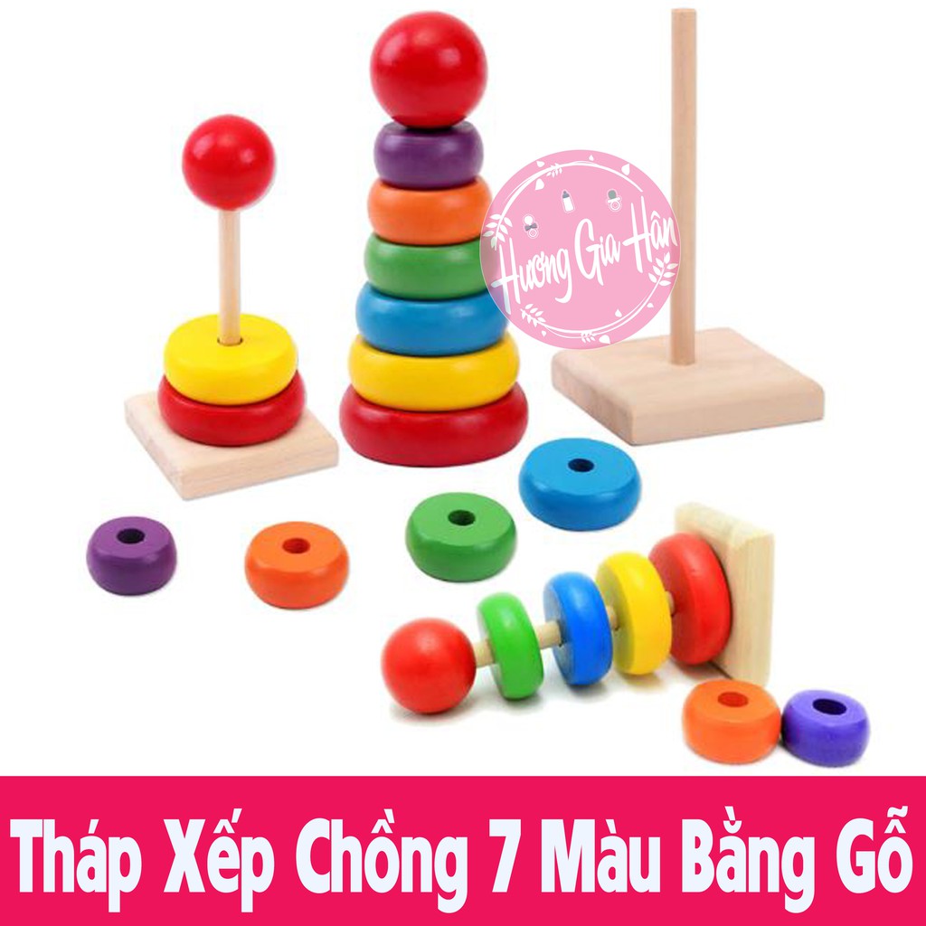 Đồ Chơi Tháp Chồng 7 Màu Bằng Gỗ - Giáo cụ Montessori Giúp Bé Nhận Biết Màu Sắc, Tập Đếm và Sự Khéo Léo