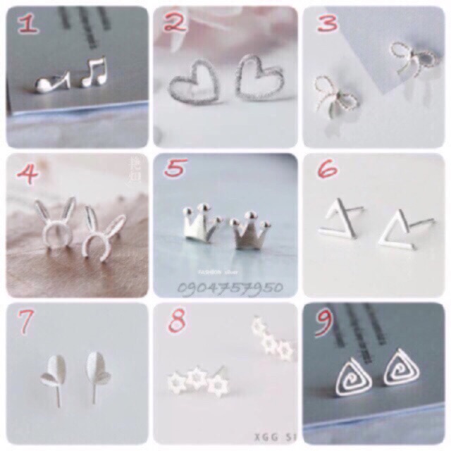 bông tai, khuyên tai bạc 30% hình học, tim, nơ, gạch ngang nhỏ đơn giản