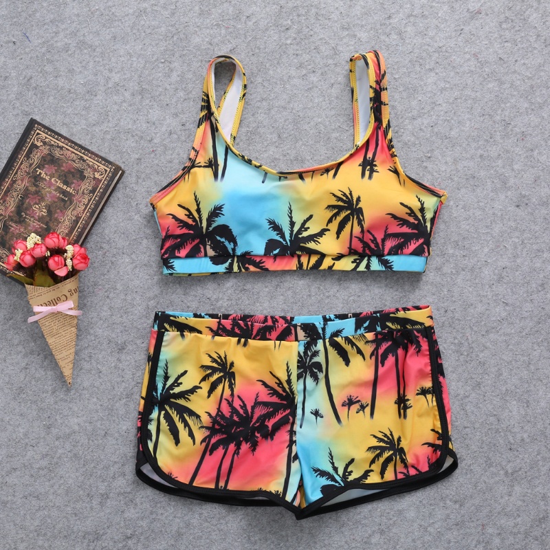 Bộ Đồ Bơi Áo Croptop In Họa Tiết Cây Dừa + Quần Short Lưng Cao Thời Trang Quyến Rũ Cho Nữ
