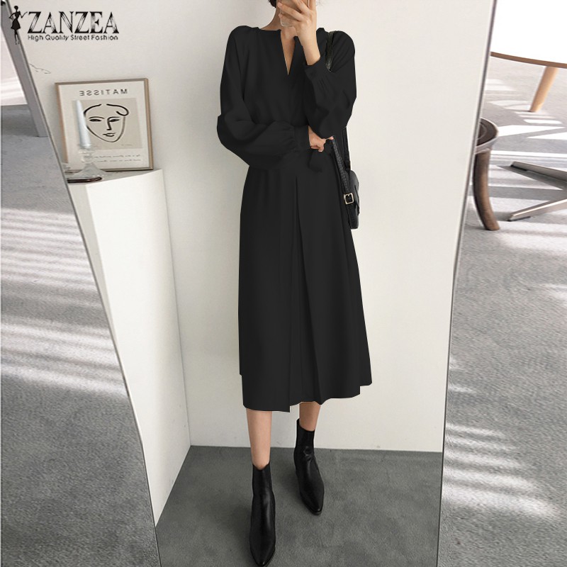 ZANZEA Đầm Dáng Dài Cổ Chữ V Tay Phồng Thời Trang Nữ Dễ Thương | BigBuy360 - bigbuy360.vn