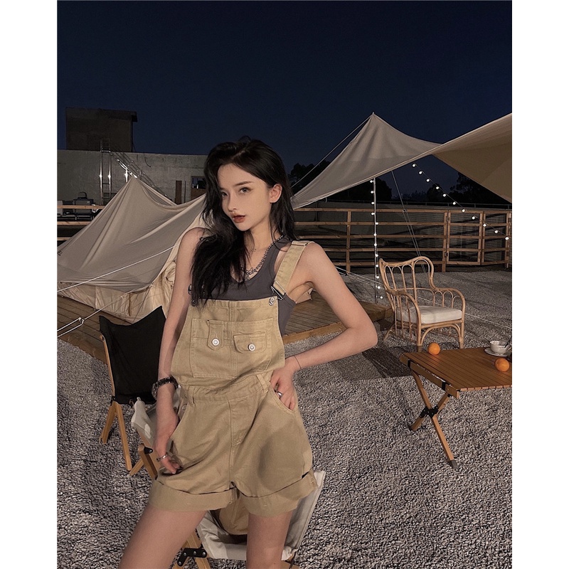 Quần Yếm denim Ngắn Ống Rộng Lưng Cao Thời Trang Mùa Hè Cho Nữ