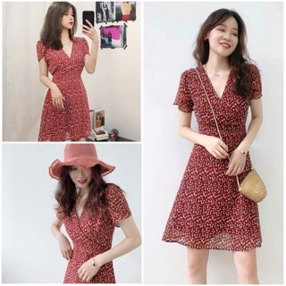 Đầm hoa nhí nền đỏ tim chéo tay cánh hồng - Jiri