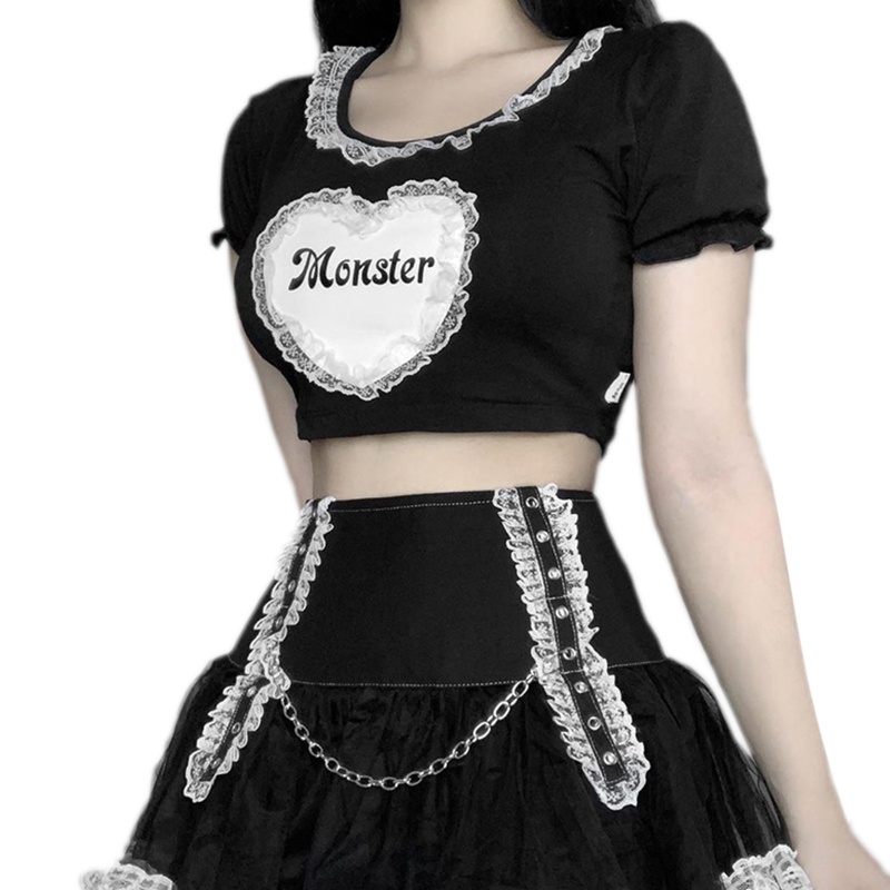 Áo Thun Croptop Tay Ngắn Phồng Phối Ren Họa Tiết Trái Tim Phong Cách Gothic