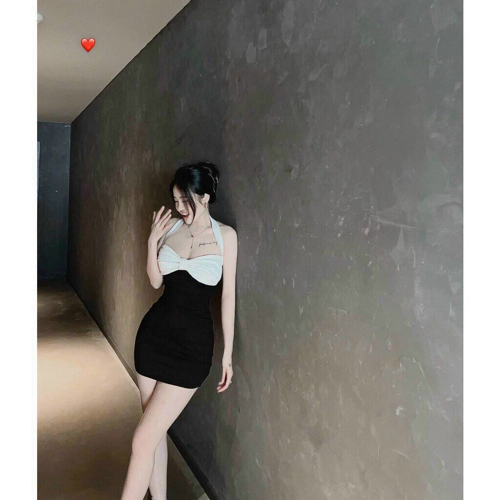 Đầm yếm nơ ngực màu trắng đen ôm body dáng ngắn cực xinh , chất thun bozip mềm mịn