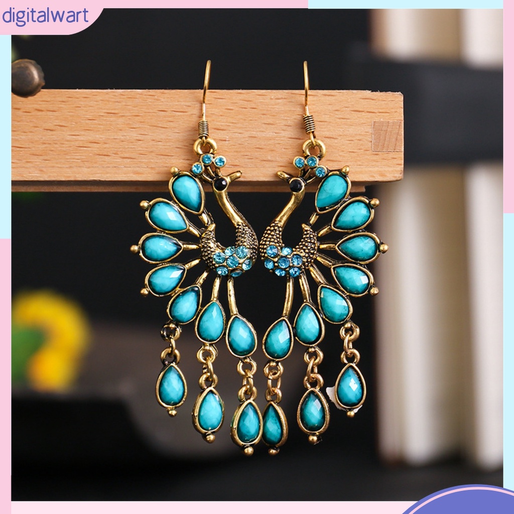 1 Đôi Bông Tai Dáng Dài Hình Chim Công Đính Đá Trang Nhã