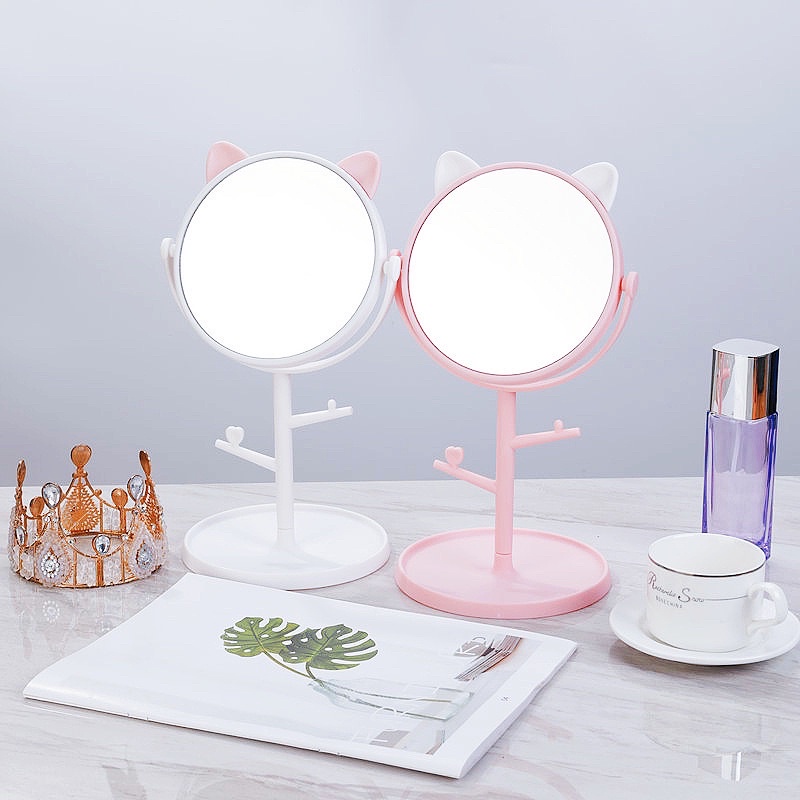 Gương Tai Mèo Trang Điểm để bàn xoay có giá treo đồ