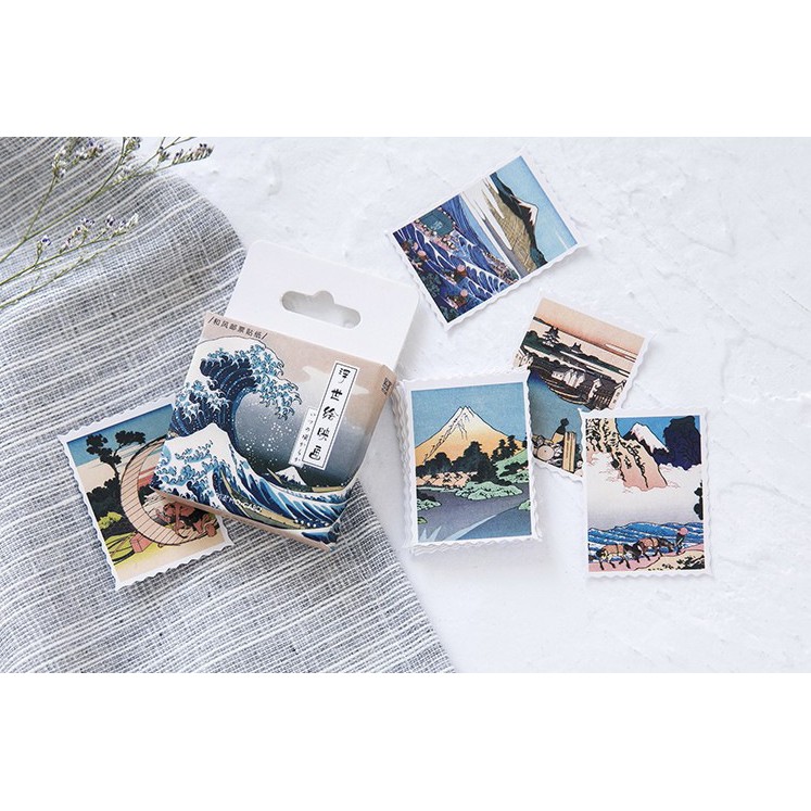 Hộp 46 miếng sticker mẫu tem tranh hokusai phong cảnh nhật bản