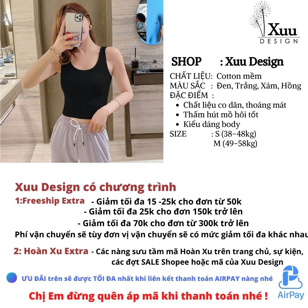 Áo croptop body chất cotton co dãn, áo ba lỗ trơn kiểu dáng đơn giản nhiều màu siêu đẹp AD05