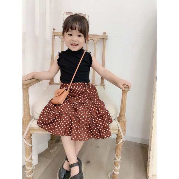 Set Áo Thun Không Tay Màu Đen Và Chân Váy Chấm Bi Thời Trang ZARA Cho Bé Gái