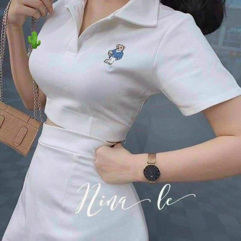 Set áo croptop thêu gấu kèm chân váy có lót trong siêu năng động dể thương