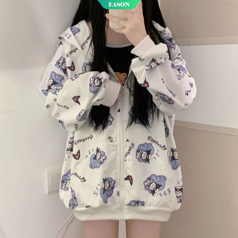 Áo Khoác Sweater Dáng Rộng Có Mũ Trùm Phối Khóa Kéo In Hoạt Hình Sanrio Kulomi Kiểu Nhật Bản Thời Trang Thu Đông Cho Học Sinh