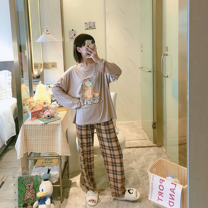 IELGY    Bộ Đồ Ngủ Tay Dài Dáng Rộng In Họa Tiết Hoạt Hình Dễ Thương Phong Cách Hàn Quốc Cho Nữ
