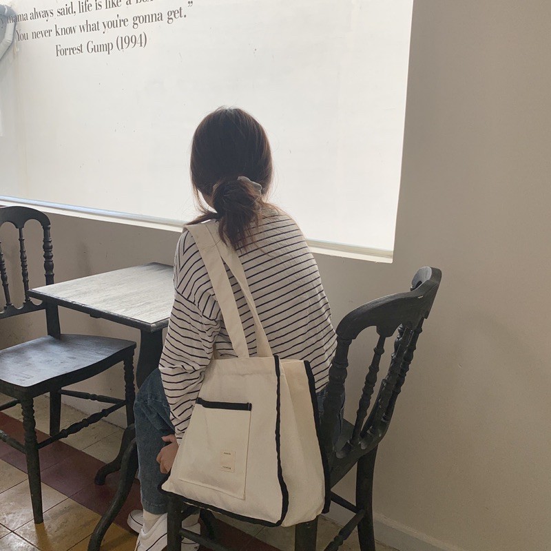 (KÈM DEAL SHOCK TÚI TOTE 29K) Túi tote vải bố canvas màu trắng kem viền đen CHERRY