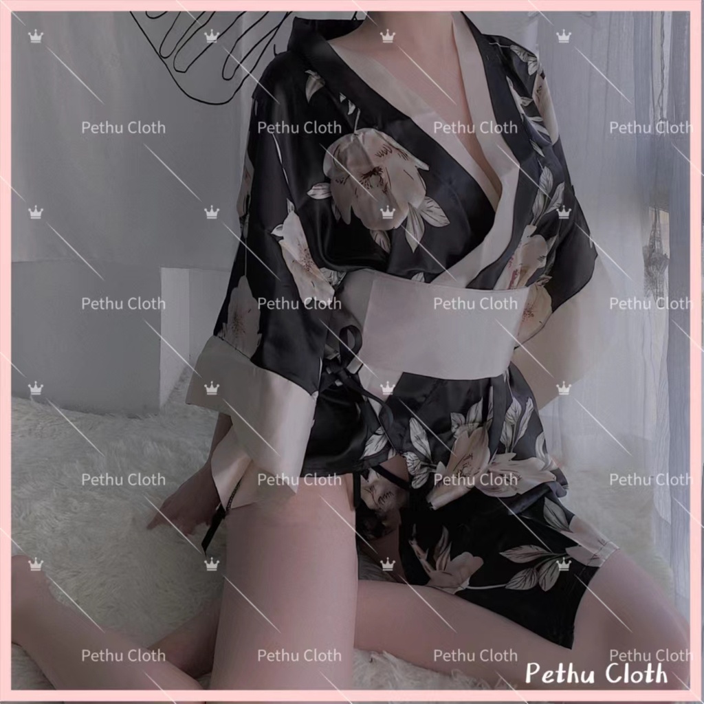 （Q1,HCM）kimono nhật bảnSexy Đồ Ngủ Áo choàng gợi cảm quyến rũ lụa satin kèm quần lót lọt khe 40-67kg---020