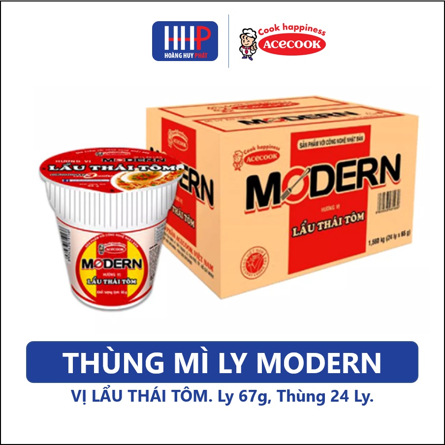 Date mới nhất  - Thùng Mì ly Modern vị Lẩu Thái Tôm 67g (24 ly/1 thùng)