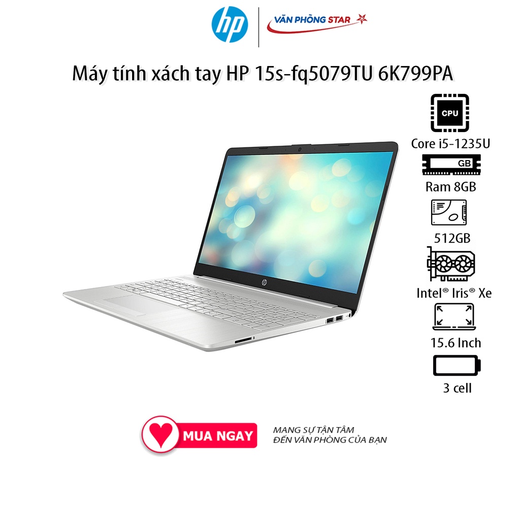 Laptop HP 15s-fq5079TU (6K799PA) (Core i5-1235U/8GB RAM/512GB SSD/Intel Graphics/15.6″HD,3 Cell,Wlan ac+BT,Win11 Home 64