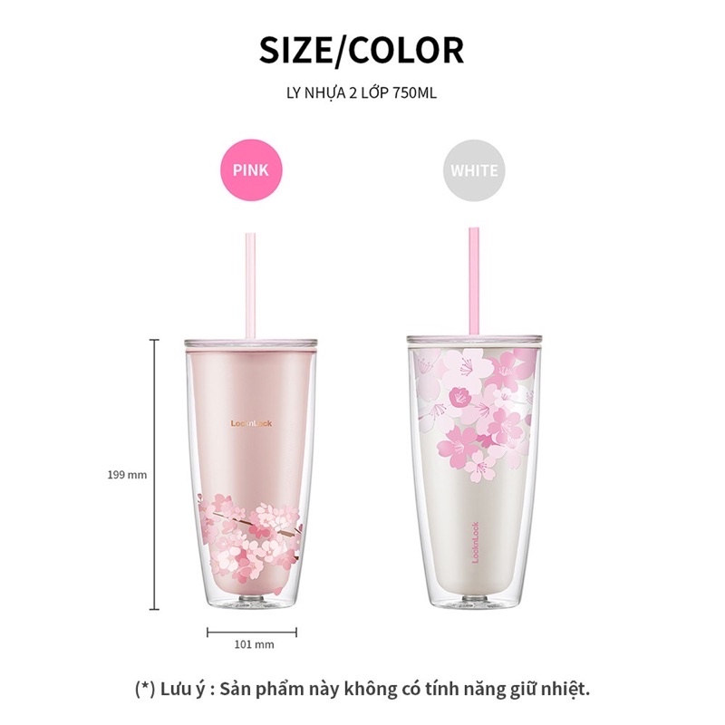 Ly nhựa 2 lớp Lock&Lock Cherry Blossom kèm ống hút double 750ml  HAP509
