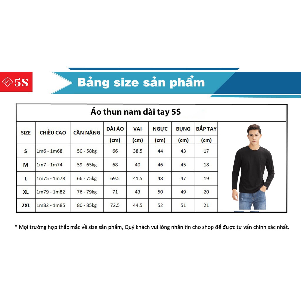 Áo Phông Nam Dài Tay Cổ Tim 5S (6 màu), Vải Mềm Mịn, Co Giãn Thoải Mái, Phom Ôm Trẻ Trung (DT-02) | BigBuy360 - bigbuy360.vn