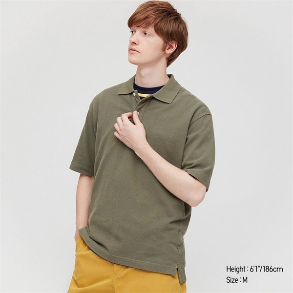 Áo Thun Unisex Uniqlo Cotton Pique Oversized Polo Shirt Màu 57 Olive ( Không Túi)