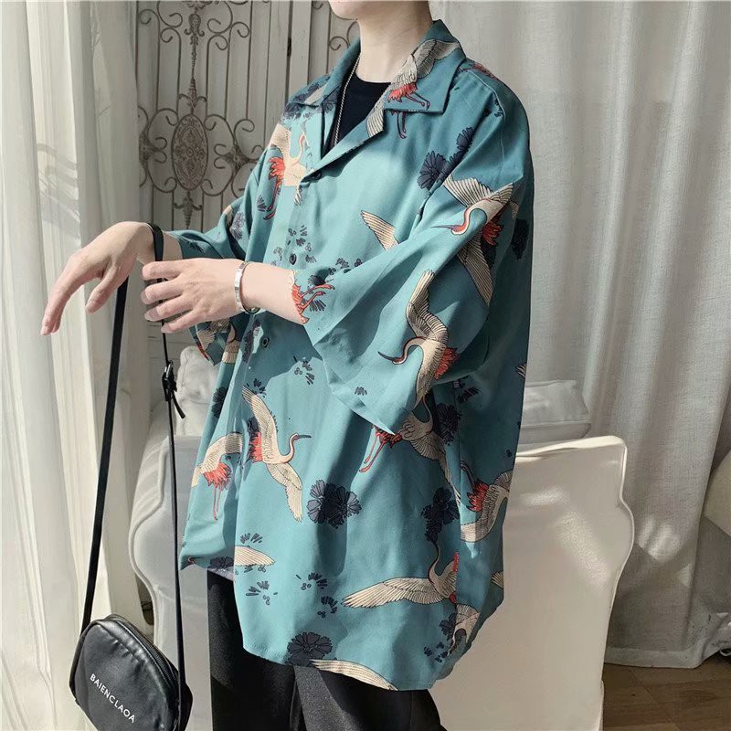 Áo sơ mi tay ngắn in họa tiết hồng hạc thời trang dành cho nam