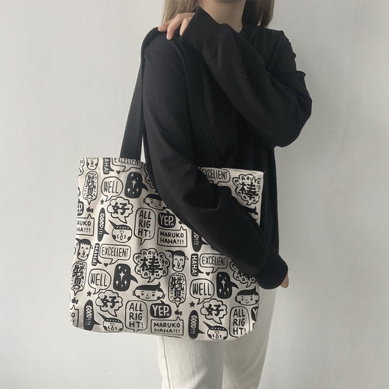 Túi tote vải canvas dày dặn đeo vai phong cách Hàn Quốc giá rẻ đẹp đi học họa tiết chữ Road