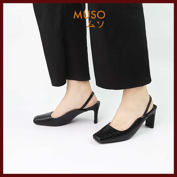 Giày Cao Gót 7cm Quai Mềm Slingback MUSO Mũi Vuông Da Vân Rắn Sang Chảnh