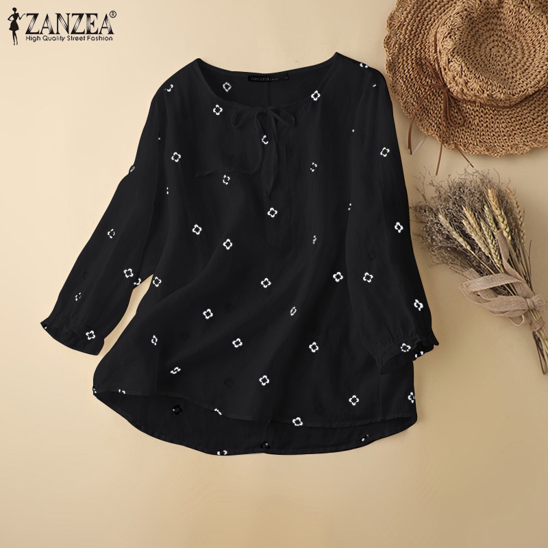 Zanzea Áo Cotton Tay Dài Cổ Tròn Thêu Họa Tiết Phong Cách Retro Thời Trang Cho Nữ