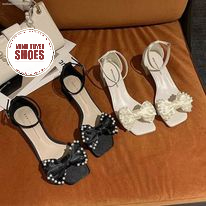 Giày sandal gót vuông Minhtuyetshoes mũi hở- Giày cao gót tiểu thư thắt nơ đính ngọc châu xinh xắn mẫu mới hè 2022 mã SD