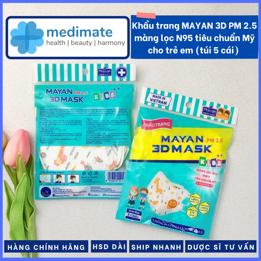 Khẩu trang MAYAN 3D PM 2.5 Kids++ màng lọc N95 theo tiêu chuẩn Mỹ bảo vệ gấp 4 lần cho trẻ em (túi 5 cái freesize)