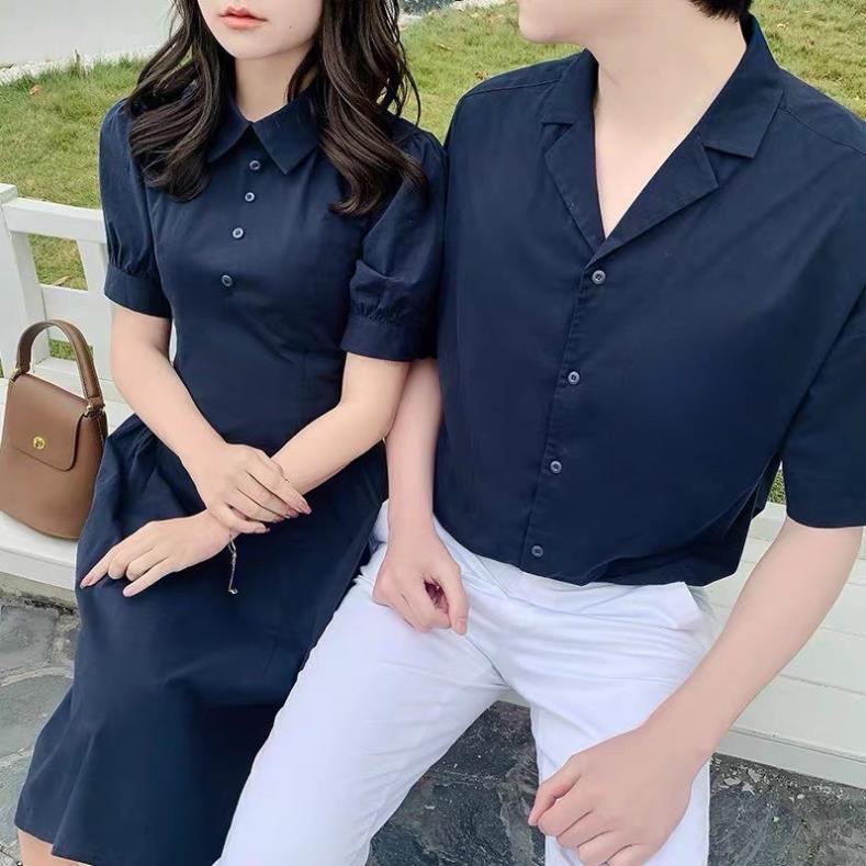 Set áo đầm đôi sơ mi đi biển chụp hình cưới, đồ cặp tình nhân Hàn Quốc màu xanh đen .