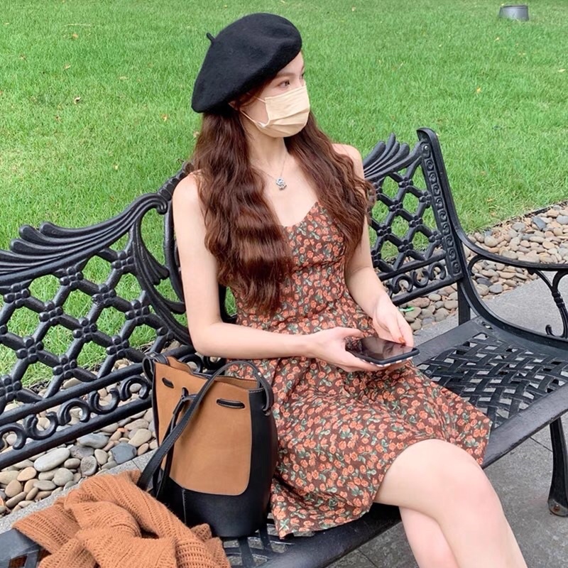 Set Áo Cardigan Lửng + Váy Hoa Nhí Hai Dây Xinh Xắn