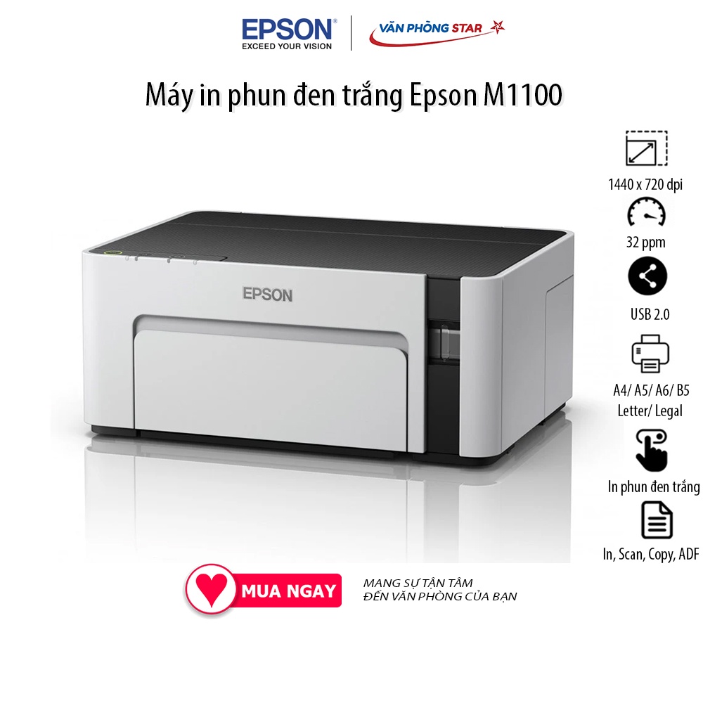 Máy in Epson M1100 in phun trắng đen, 30 trang/phút, 1440 dpi x 720 dpi, kết nối USB 2.0  Bảo hành chính hãng 4 năm