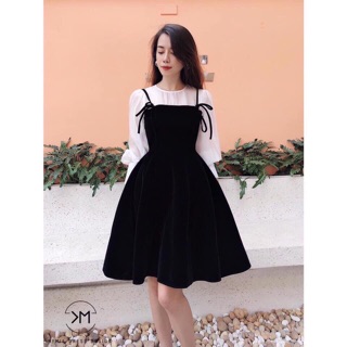 Sét yếm váy cột dây phối áo trắng