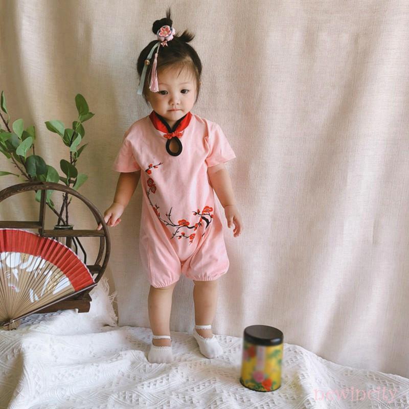 Bộ áo liền quần ngắn tay in hoa kiểu cổ điển cho bé gái sơ sinh