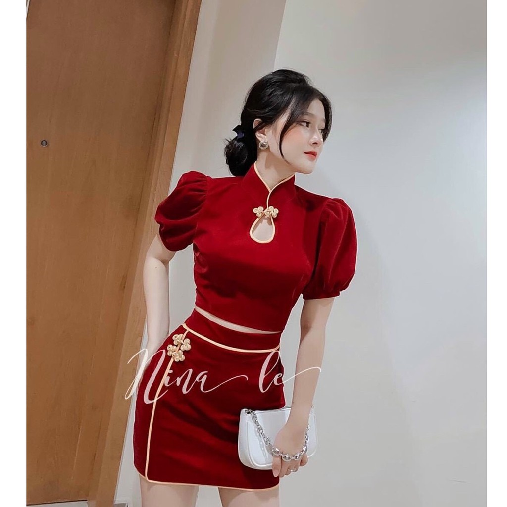 Sét Váy Tay Phồng Màu Đỏ Sang Trọng Thiết Kế Viền Né Trẻ Trung, Hạo Tiết Cổ Tàu Mảnh Mai Dễ Thương - Winchois
