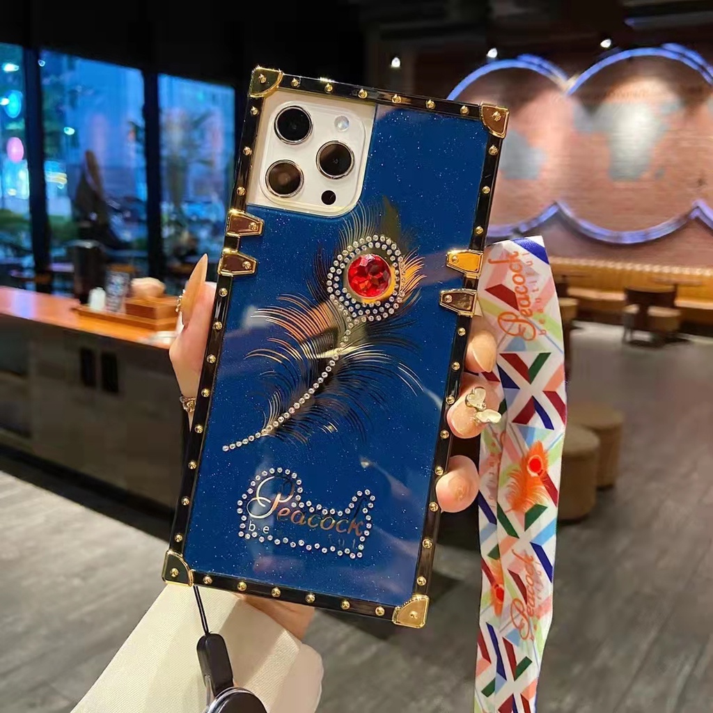 Ốp Điện Thoại Hình Vuông Họa Tiết Lông Vũ + Dây Đeo Sang Trọng Cho IPhone 13 12 11 Pro Max Xs XR 6 6s 8 7Plus