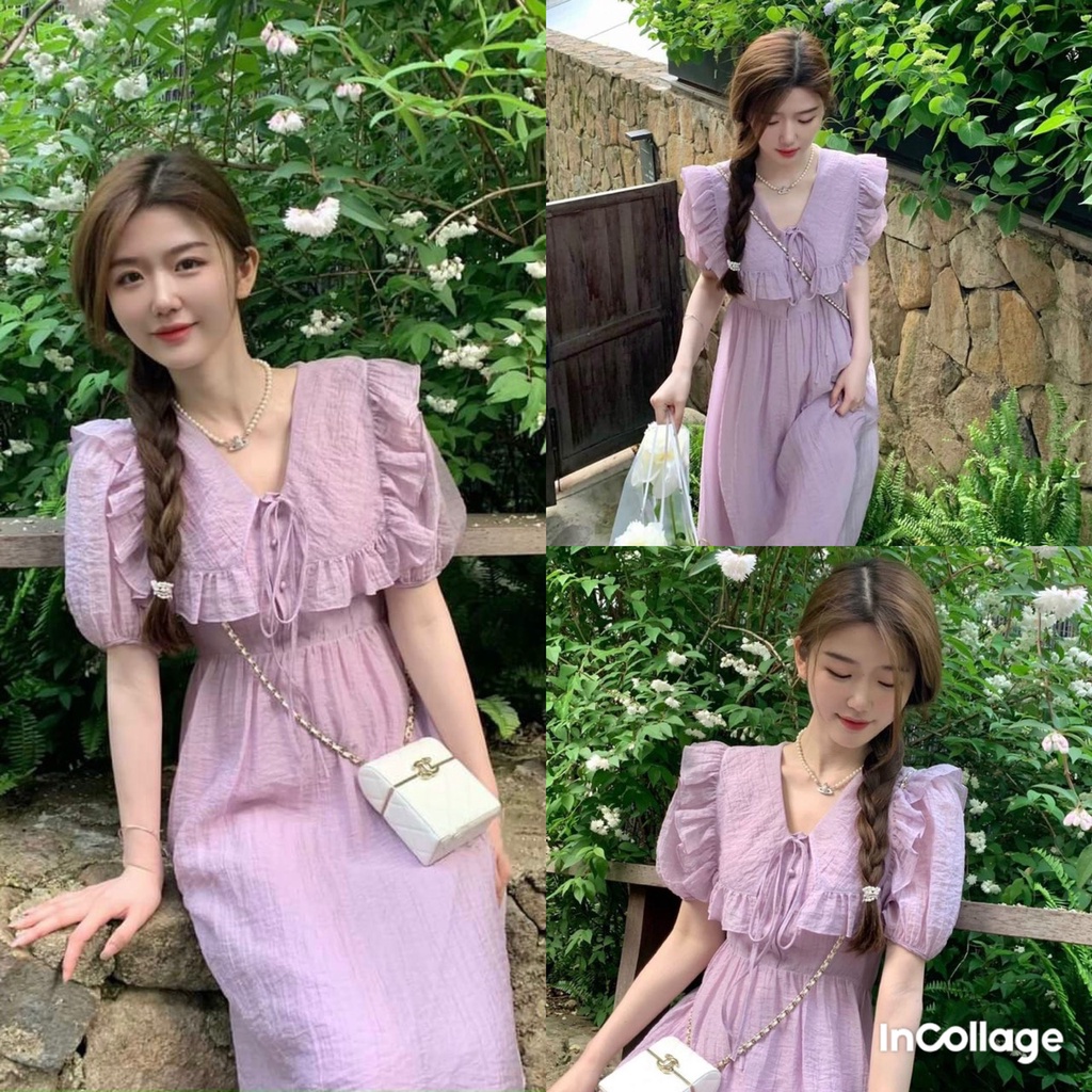 Đầm váy nữ cổ bèo canh tiên họa tiết màu tím dáng xòe tôn dáng trẻ trung sang trọng thanh lịch siêu xinh