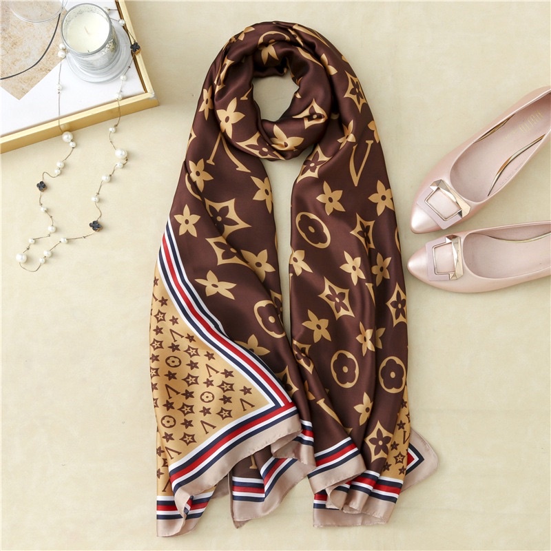 Khăn choàng cổ lụa in hoa năm cánh cao cấp 90x180cm