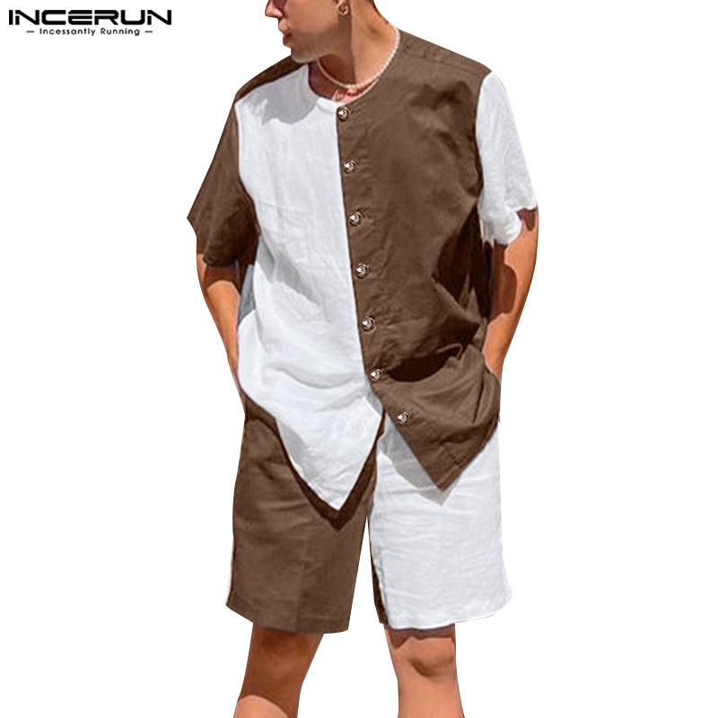 Set đồ mùa hè 2 món INCERUN gồm áo tay ngắn đơn giản và quần ngắn cho nam