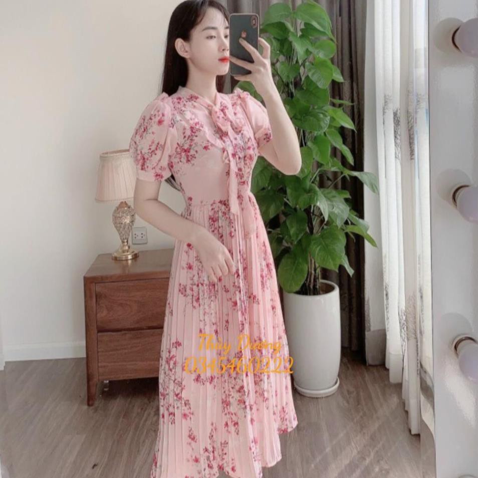 (FREESHIP) Váy đầm hoa thiết kế VINTAGE dáng xòe cổ nơ ngắn tay chân váy xếp ly dài qua gối M01 Xịn