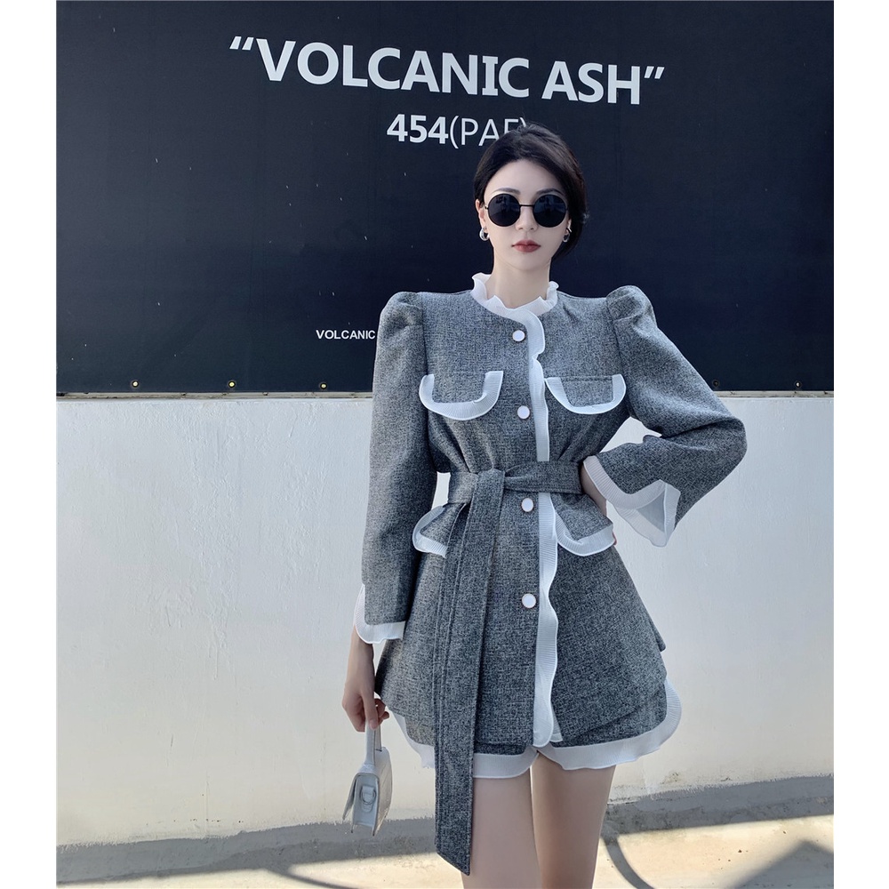 Áo khoác nữ cổ tròn + quần đùi cạp cao A1178