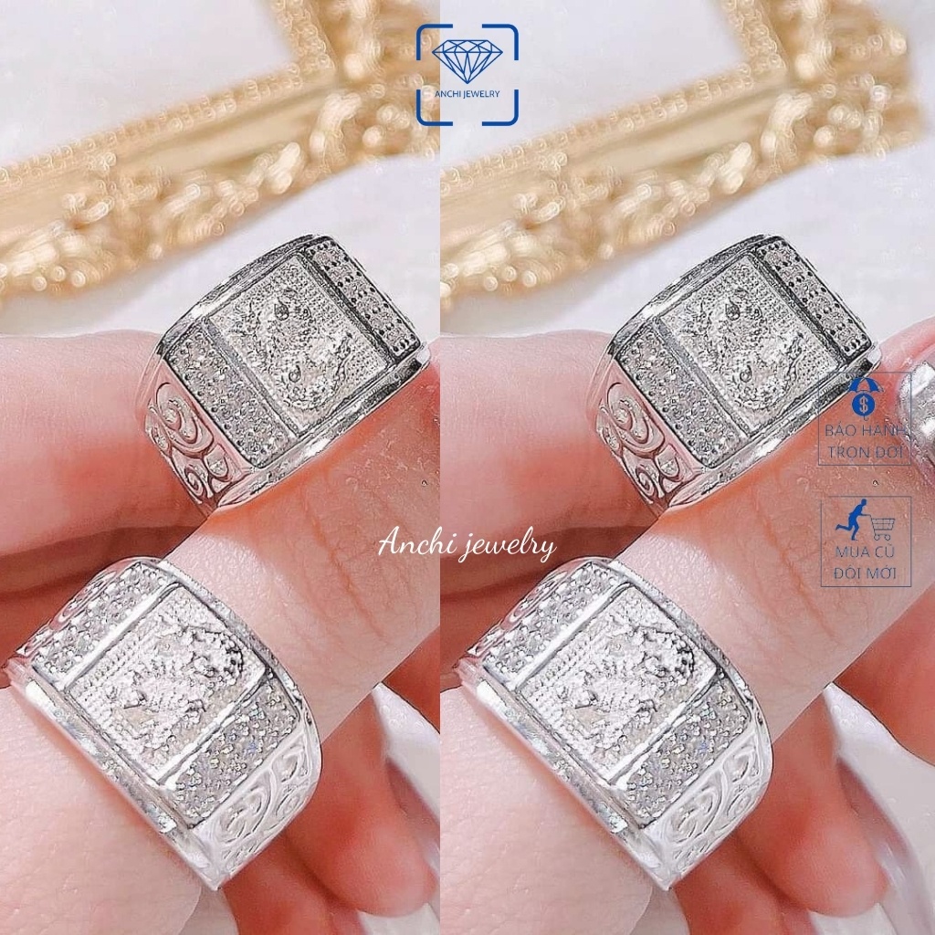 Nhẫn nam mặt vuông to khắc hoa văn, chuẩn bạc 925 cao cấp, Anchi jewelry