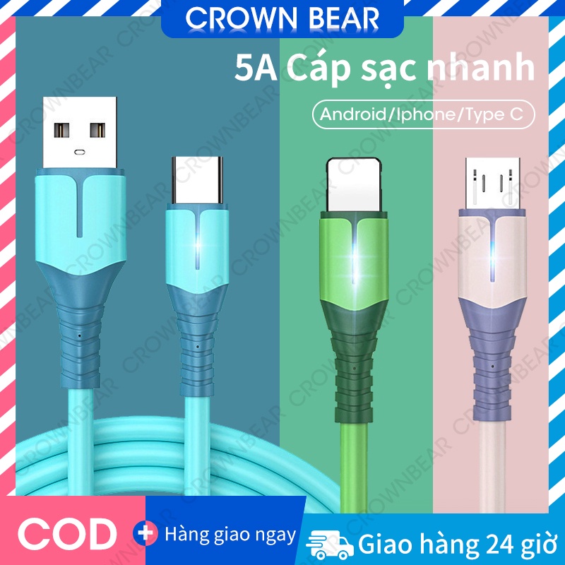 CrownBear Dây Cáp Sạc Nhanh Cổng Micro USB//Type C Dành Cho IPcó đèn báo